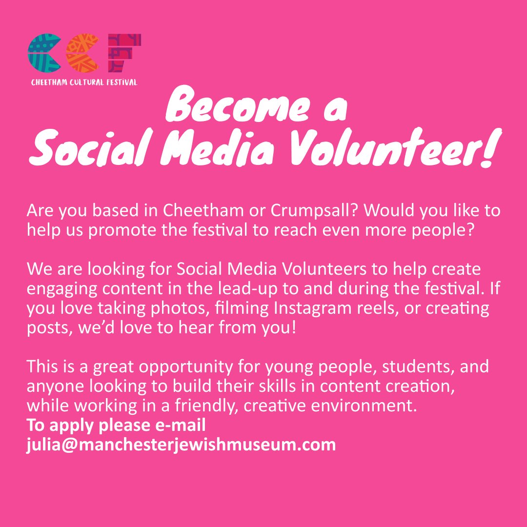 Cheetham Cultural Festival is back and this year we’re going PINK! 🩷

Save the date for four days of FREE fun, celebrating the vibrant cultural diversity of Cheetham &amp; Crumpsall! 

We're also looking for Social Media volunteers to help us capture the magic of #CheethamFest!