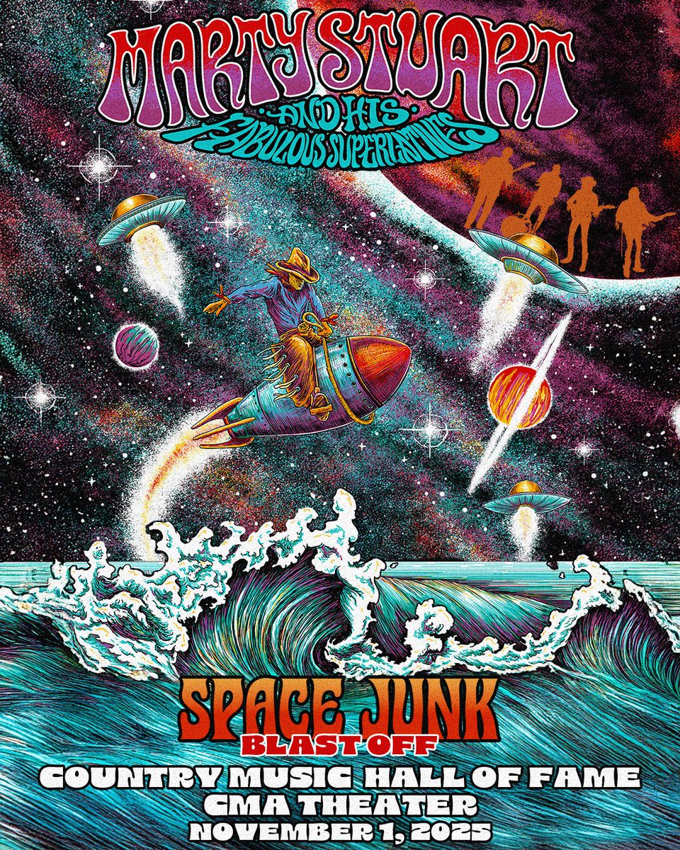 martystuarthq's tweet image. Marty Stuart and His Fabulous Superlatives will be celebrating the launch of Space Junk with a very special show at the @countrymusichof. Join us November 1, 2025 at the CMA Theater.
Fan presale starts tomorrow, 7/24. Sign up for access at laylo.com/martystuart/Il…