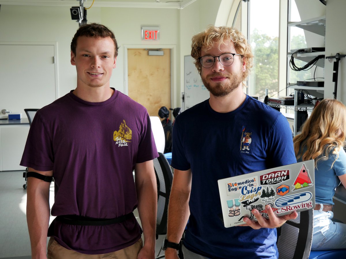 Christopher Kirby ’26 is working with Prof. Donlin this summer to determine if haptic feedback is feasible for retraining gait. This research could be applied for stroke patients.

Fellow student Hunter Cassidy ’28 was wearing sensors in our biomechanics lab to help.