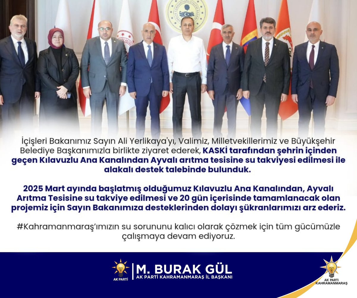 AK Parti Kahramanmaraş (@akkahramanmaras) on Twitter photo 📍İçişleri Bakanlığı
İçişleri <a href="/TC_icisleri/">T.C. İçişleri Bakanlığı</a> Bakanımız Sayın Ali Yerlikaya'yı <a href="/AliYerlikaya/">Ali Yerlikaya</a> , Valimiz, Milletvekillerimiz ve Büyükşehir Belediye Başkanımızla birlikte ziyaret ederek, KASKİ tarafından şehrin içinden geçen Kılavuzlu Ana Kanalından Ayvalı arıtma tesisine su takviyesi 📍İçişleri Bakanlığı
İçişleri <a href="/TC_icisleri/">T.C. İçişleri Bakanlığı</a> Bakanımız Sayın Ali Yerlikaya'yı <a href="/AliYerlikaya/">Ali Yerlikaya</a> , Valimiz, Milletvekillerimiz ve Büyükşehir Belediye Başkanımızla birlikte ziyaret ederek, KASKİ tarafından şehrin içinden geçen Kılavuzlu Ana Kanalından Ayvalı arıtma tesisine su takviyesi