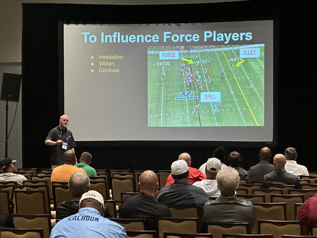 AHSAAUpdates's tweet image. Coach Tyler Van from @SCT_Wildcats speaking now in our Football Coaching School about Using Formations & Motions in the Run Game