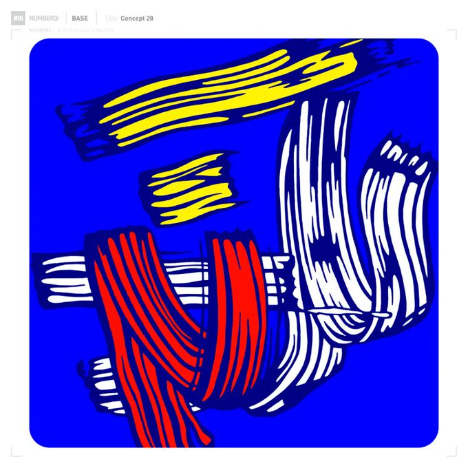 Base Concept 28 artwork featuring vibrant blue background with yellow, white, and red abstract strokes