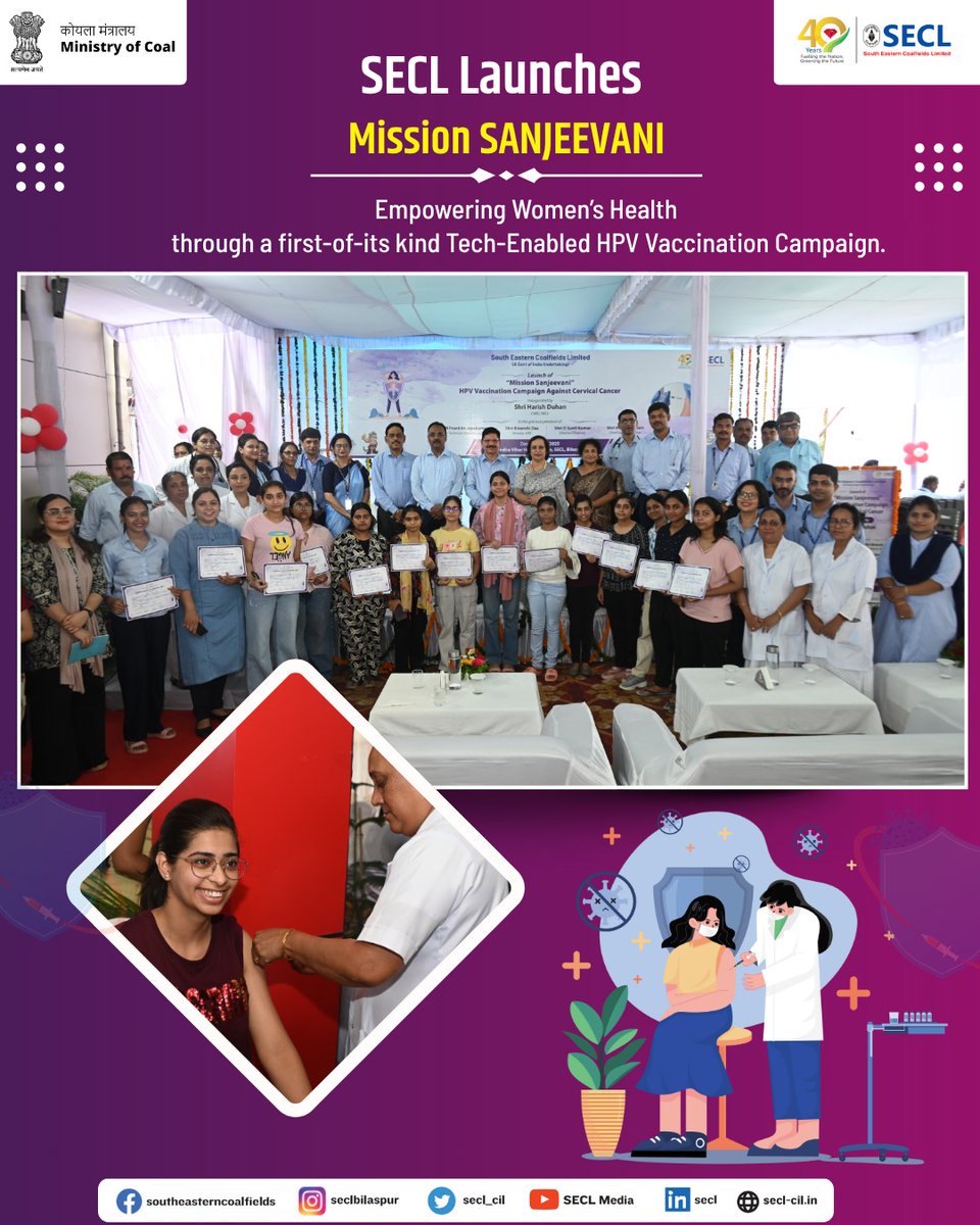 SECL (@secl_cil) on Twitter photo 🌟 Mission SANJEEVANI | Health. Empowerment. Awareness.
📢 SECL proudly launches a tech-enabled HPV Vaccination Campaign — a pioneering initiative under Mission SANJEEVANI, focused on strengthening women's health and well-being.
<a href="/kishanreddybjp/">G Kishan Reddy</a>
<a href="/satishdubeyy/">Satish Chandra Dubey</a>
<a href="/CoalMinistry/">Ministry of Coal</a> 🌟 Mission SANJEEVANI | Health. Empowerment. Awareness.
📢 SECL proudly launches a tech-enabled HPV Vaccination Campaign — a pioneering initiative under Mission SANJEEVANI, focused on strengthening women's health and well-being.
<a href="/kishanreddybjp/">G Kishan Reddy</a>
<a href="/satishdubeyy/">Satish Chandra Dubey</a>
<a href="/CoalMinistry/">Ministry of Coal</a>