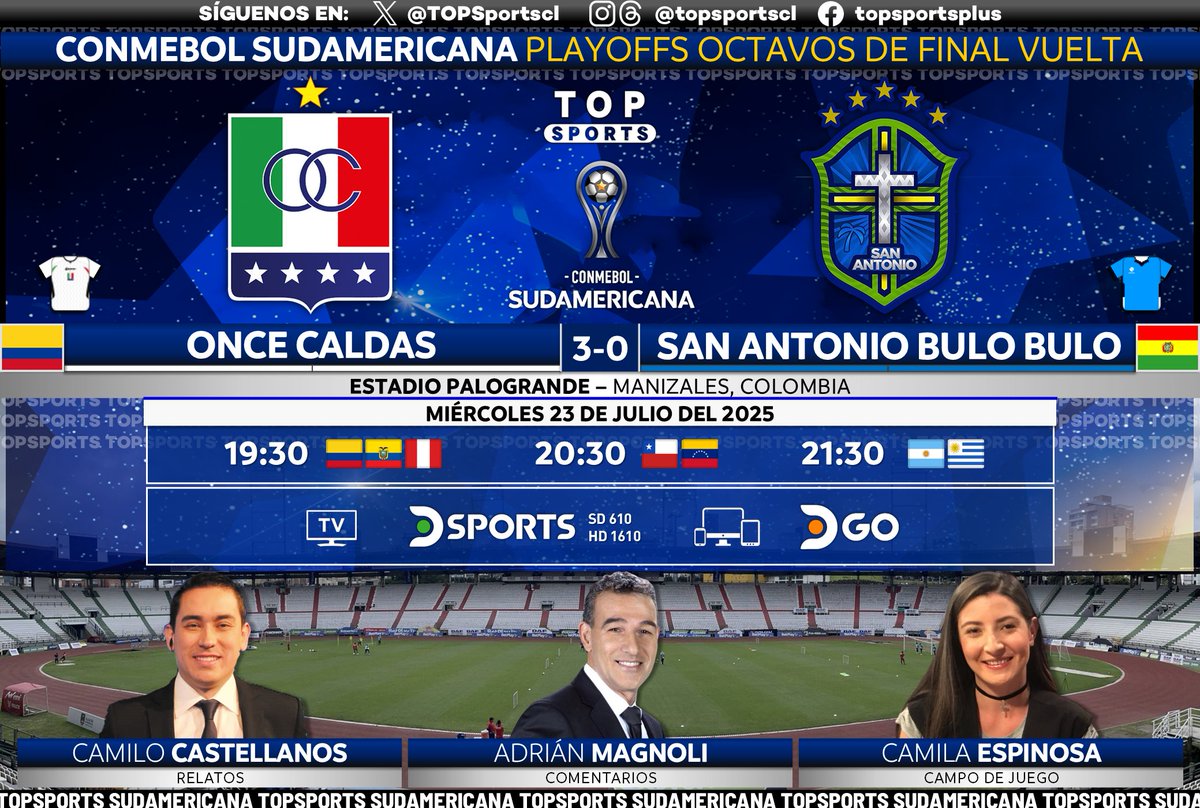 TOPSportscl's tweet image. CONMEBOL #Sudamericana 🏆 Play-offs de Octavos de Final Vuelta
🇨🇴 #OnceCaldas - #SanAntonioBuloBulo 🇧🇴
🎙️ @CastellanosCami
🗣️ @AdrianMagnoli
🏟️ @Camilanoticia1
#⃣ #SudamericanaEnDSPORTS - #LaGranConquista
🖥️ @DSports (610-1610) Sudamérica
📱💻 @DGO_Latam
🔃❤️