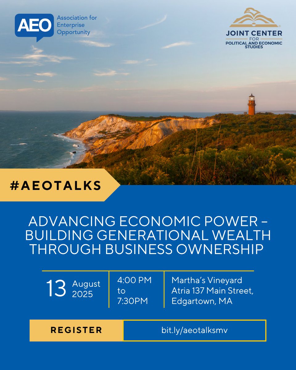 JointCenter's tweet image. Join the Joint Center and @AEOworks in Martha's Vineyard next month for a conversation on the current state of small business, the pressing challenges confronting entrepreneurs, and forward-thinking solutions to advance inclusive economic opportunity.
RSVP here:…