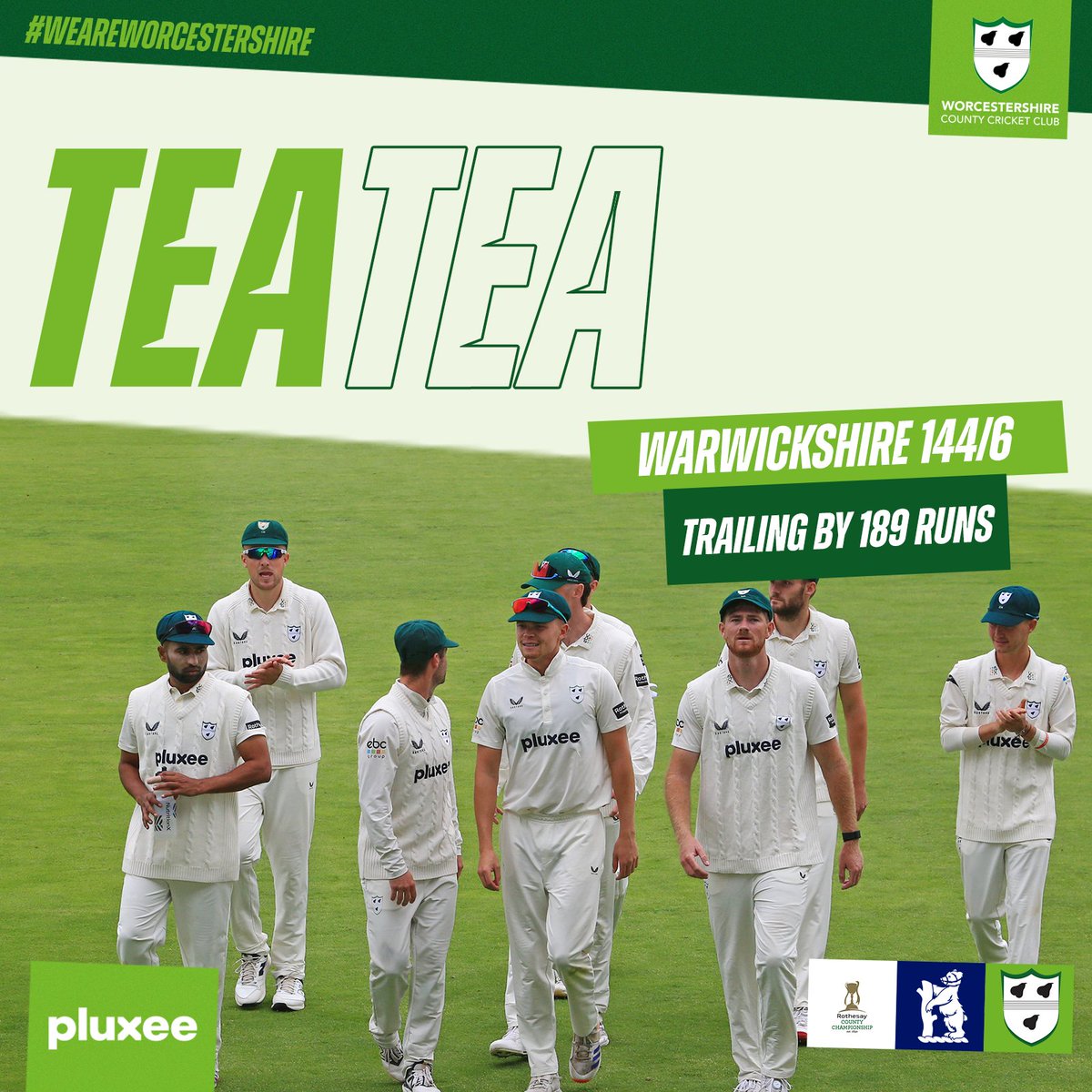 WorcsCCC's tweet image. Tea on Day Two ☕️
Top work again from the Pears, pegging Warwickshire back with another three wickets in the session. 🙌
Warwickshire 144/6 (46 overs)
