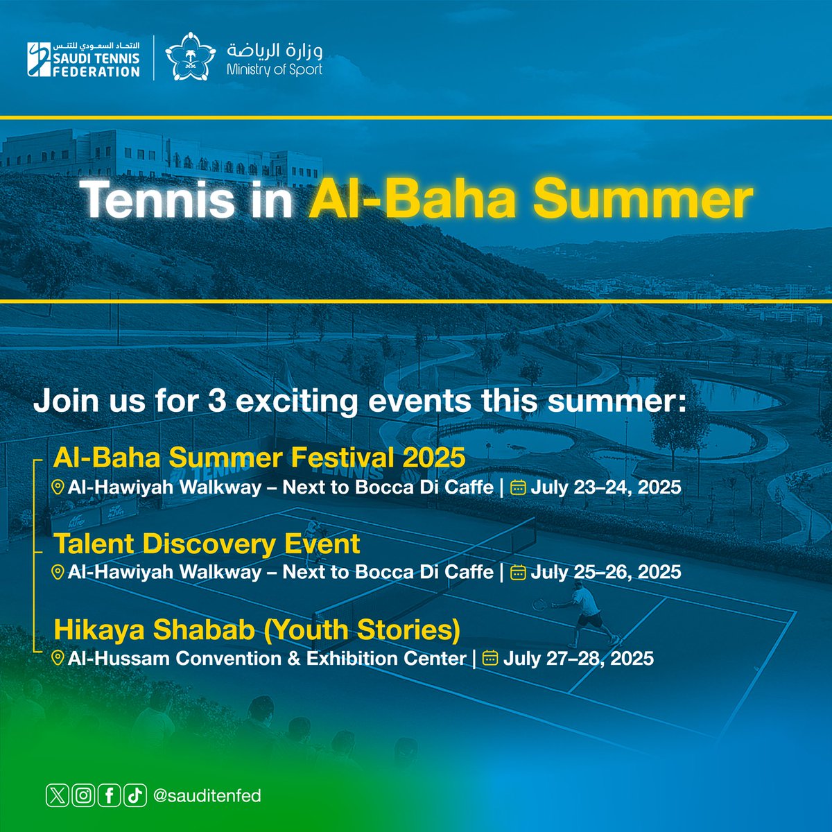 🎾🔥 التنس يشعل أجواء صيف الباحة

جاهزين للتحدي؟ مواهب، منافسات، وحماس ما له حدود 👏🏼😍

كونوا جزء من التجربة.. وخلّونا نصنع لحظات ما تنسى 🇸🇦✨

#تنس_السعودية 🇸🇦
#صيف_الباحة2025

🎾🔥 Tennis is taking over Al-Baha this summer

Ready for the challenge? Talent, competition, and
