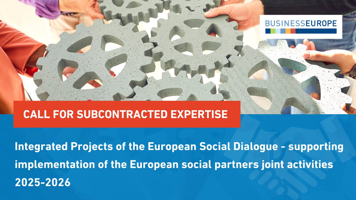 📢 BusinessEurope is launching a call for subcontracted expertise! The aim?
 
✅ Support coordination with EU-level sectoral employer partners on social dialogue, collective bargaining trends &amp; social partner capacity building
✅ Facilitate coordination of sectoral participation