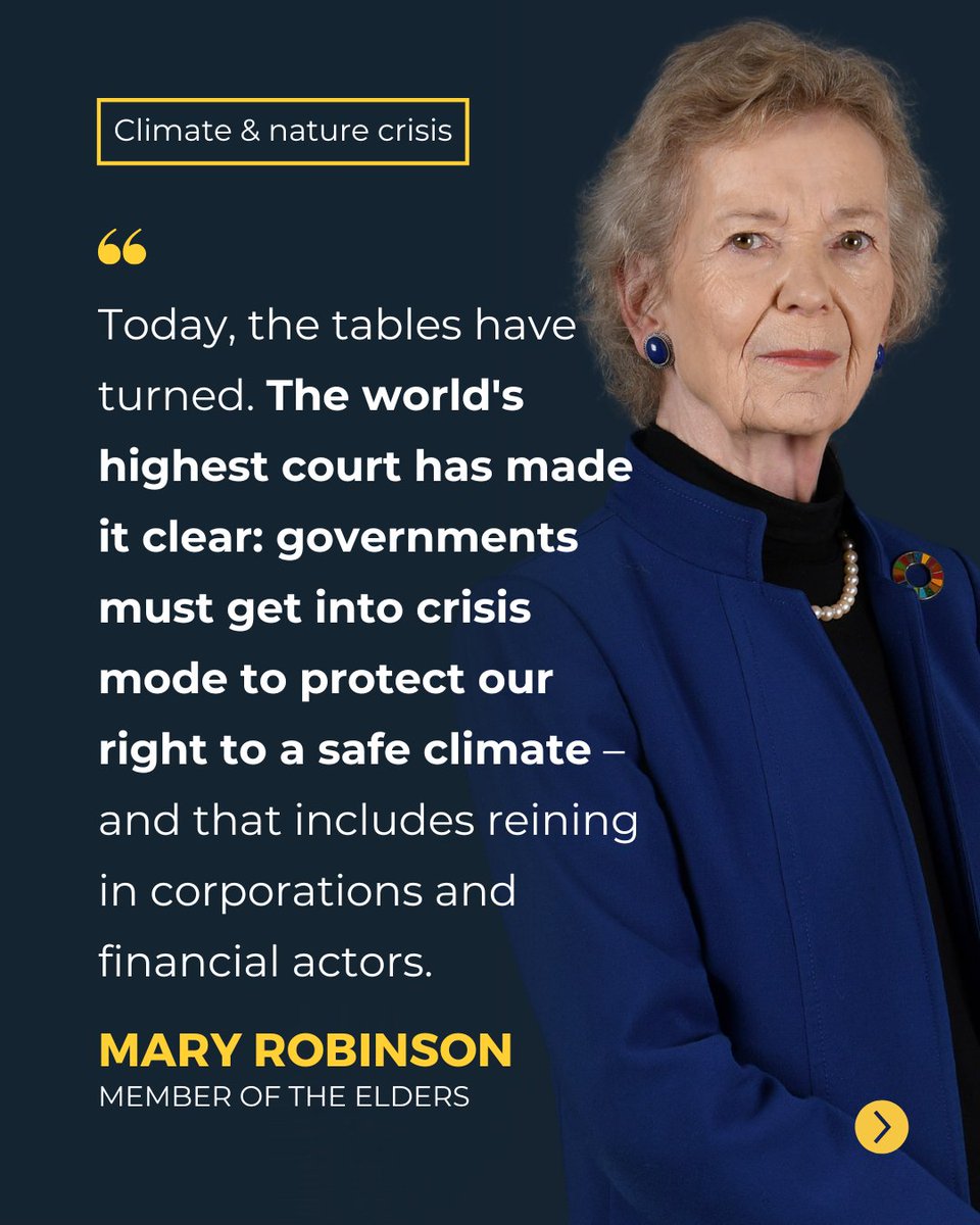 TheElders's tweet image. Today, the world’s highest court puts big emitters on notice.
Countries are bound by international law to protect people from the impacts of climate change, and governments must ramp up their efforts to transition away from fossil fuels.
@CIJ_ICJ