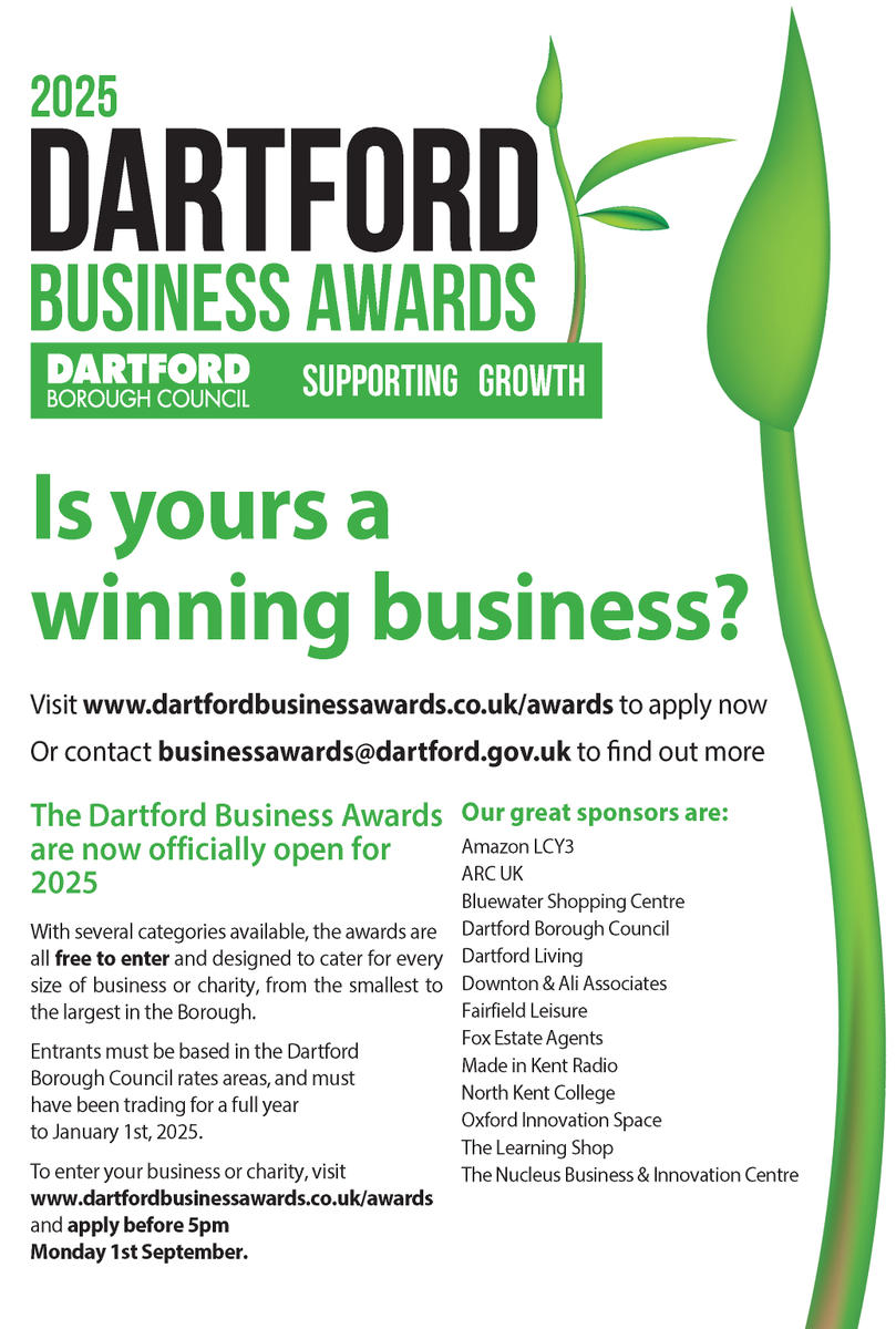 We are delighted to announce that the Dartford Business Awards are now officially open for 2025!

To enter simply visit dartfordbusinessawards.co.uk/awards and apply before Monday 1st September.

Best of luck!

<a href="/dartfordliving/">Dartford Living</a>
<a href="/MadeInKentRadio/">Made In Kent</a>
<a href="/KMDartford/">Dartford Messenger</a>
