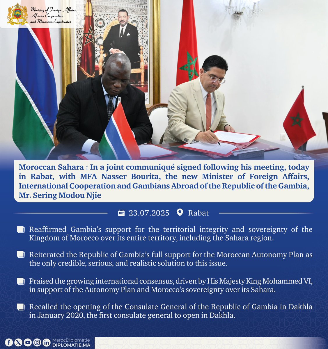 #Moroccan_Sahara: Position reaffirmed by the Republic of the Gambia, as expressed in the joint communiqué signed following the meeting between MFA Nasser Bourita and the new Minister of Foreign Affairs, International Cooperation and Gambians Abroad, Mr. Sering Modou Njie