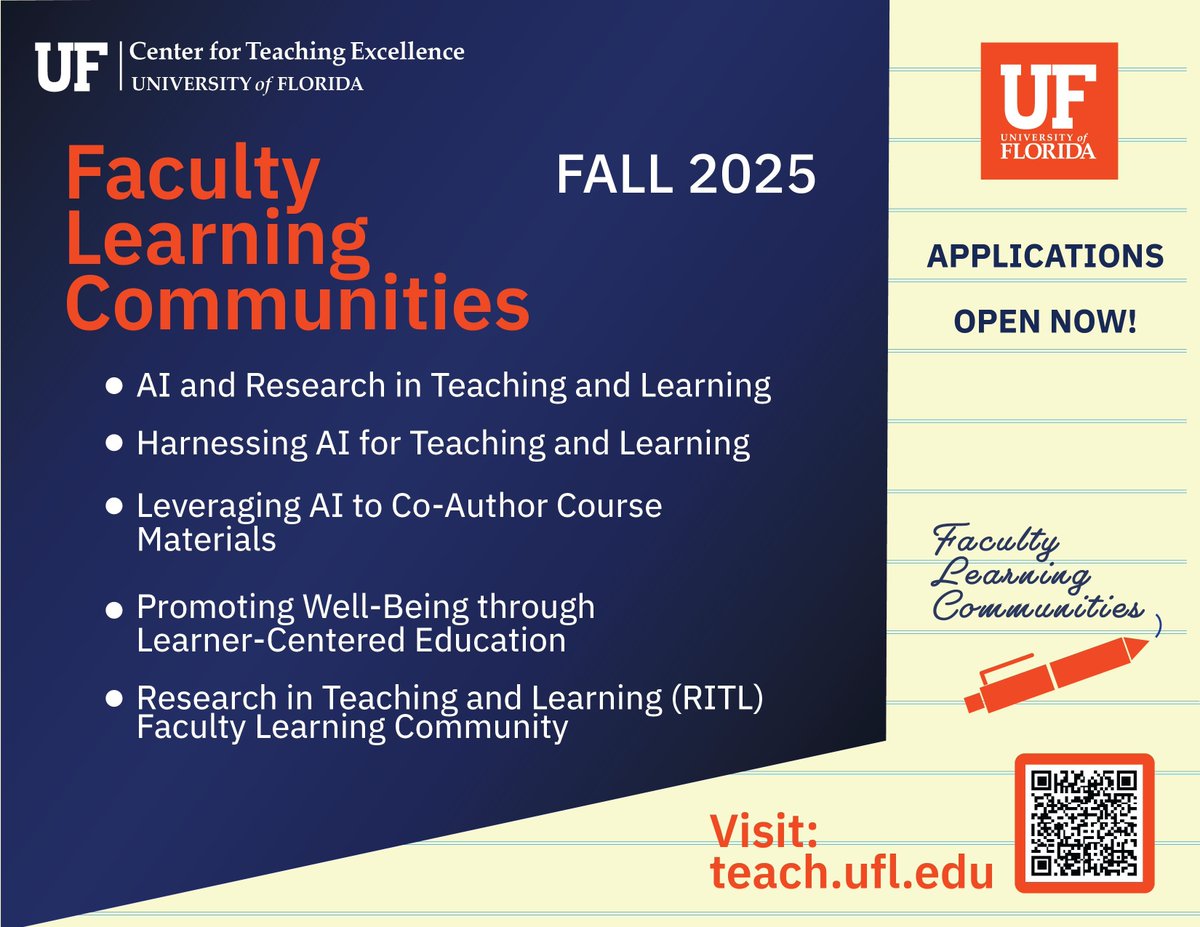 UF_CTE's tweet image. Don't forget about all of our amazing Faculty Learning Communities (FLCs) starting up this Fall! Learn more about each FLC and apply on our website: buff.ly/lb2Mxq2 #FLC #Community #applynow #AI #OER #wellbeing #RITL #research #highered #UF