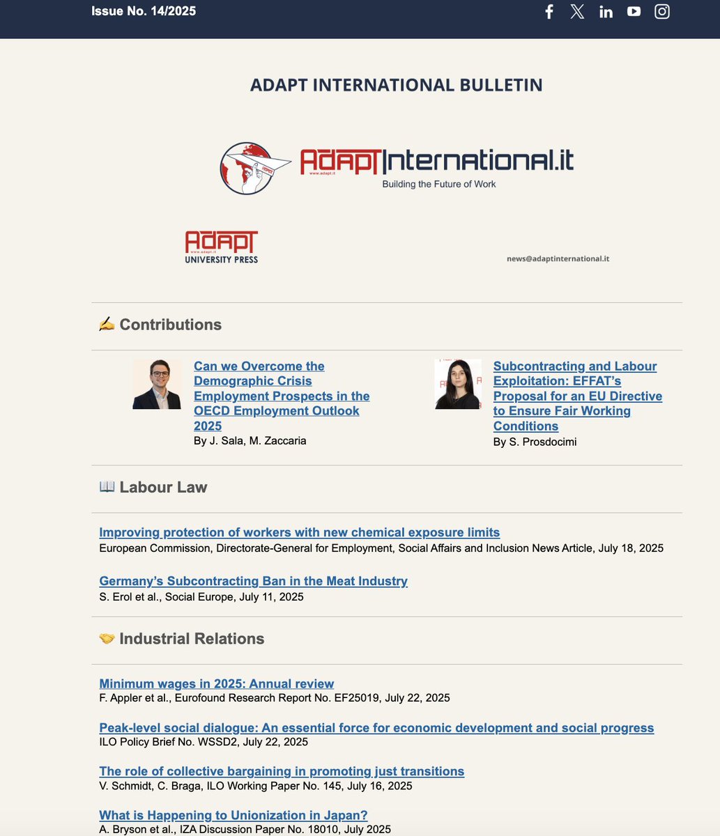 ADAPT_bulletin's tweet image. 📢 Out now: #ADAPTInternational Bulletin 14/2025!
Explore the latest insights on:
🔹 OECD Employment Outlook 2025
🔹 EU subcontracting
🔹 Self-employment quality
🔹 AI & worker wellbeing
🔹 Minimum wages, social dialogue, union trends & more
📩Read here: a8b1b7.mailupclient.com/frontend/Landi…