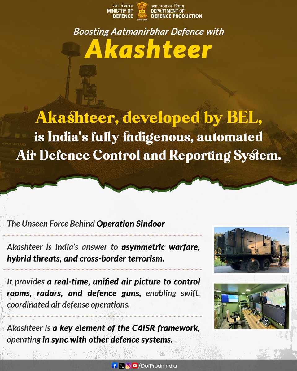 Paving the Path to #AatmanirbharDefence 🇮🇳

* #Akashteer — India’s fully indigenous and mobile Air Defence Control &amp; Reporting System developed by #BEL.

* Marks a seismic shift in warfare strategy under #OperationSindoor.

* At the core of the #IndianArmy’s Air Defence (#AAD)