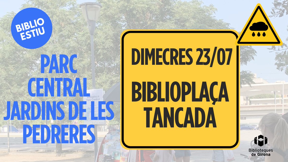 Amb el mal temps d'avui, tampoc podrem obrir la #Biblioplaça del Parc Central ni del Jardins de les Pedreres.