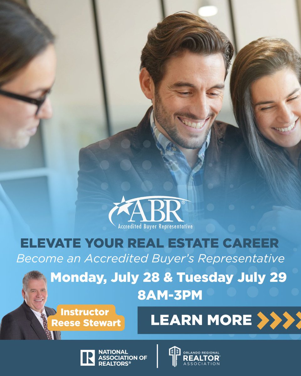 ORRAFL's tweet image. Stand out in Orlando's market! ✨ Earn your ABR® Designation &amp;amp; supercharge your buyer-client expertise. 2-day course, 8 CE credits. Don't miss out! 
🔗 shorturl.at/HkVtm

#ABR #REALTOR #NEVERSTOPLEARNING #ORRA #ORLANDO
