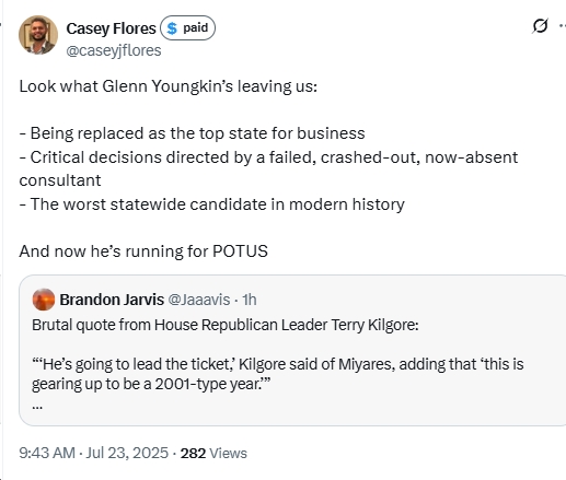 bluevirginia's tweet image. Excellent synopsis by a former Youngkin appointee. The bottom line is that Youngkin's term as governor has been an unmitigated disaster; definitely the worst governor in decades - despite Youngkin's b.s./false narrative to the contrary. bluevirginia.us/2025/07/brutal…