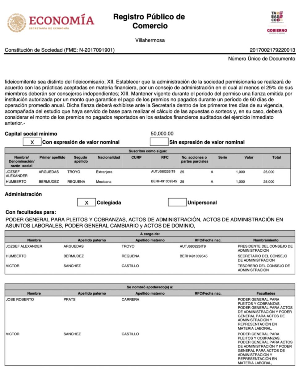 DoreFerriz's tweet image. 🫆Así se tejió la red de apuestas de los Bermúdez… con la firma de Adán Augusto
El 1 de noviembre de 2017, como notario público en Villahermosa, Adán Augusto López Hernández formalizó la constitución de la empresa Crown City, dedicada a apuestas remotas y operaciones…