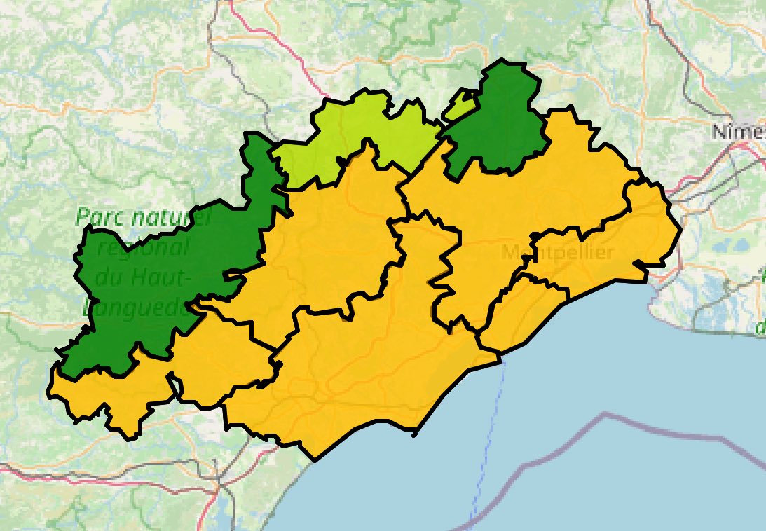 Prefet34's tweet image. 🔥🌳 Risque #incendie dans l’#Hérault le jeudi 24 juillet
🟠 6 secteurs en risque incendie élevé
= accès déconseillés
= travaux autorisés de 5h à 12h sous réserve de dispositif de prévention et d’extinction
🟡 1 secteur en risque incendie modéré
⚠️ Rappel ⤵️
🚭 Ne jetez…