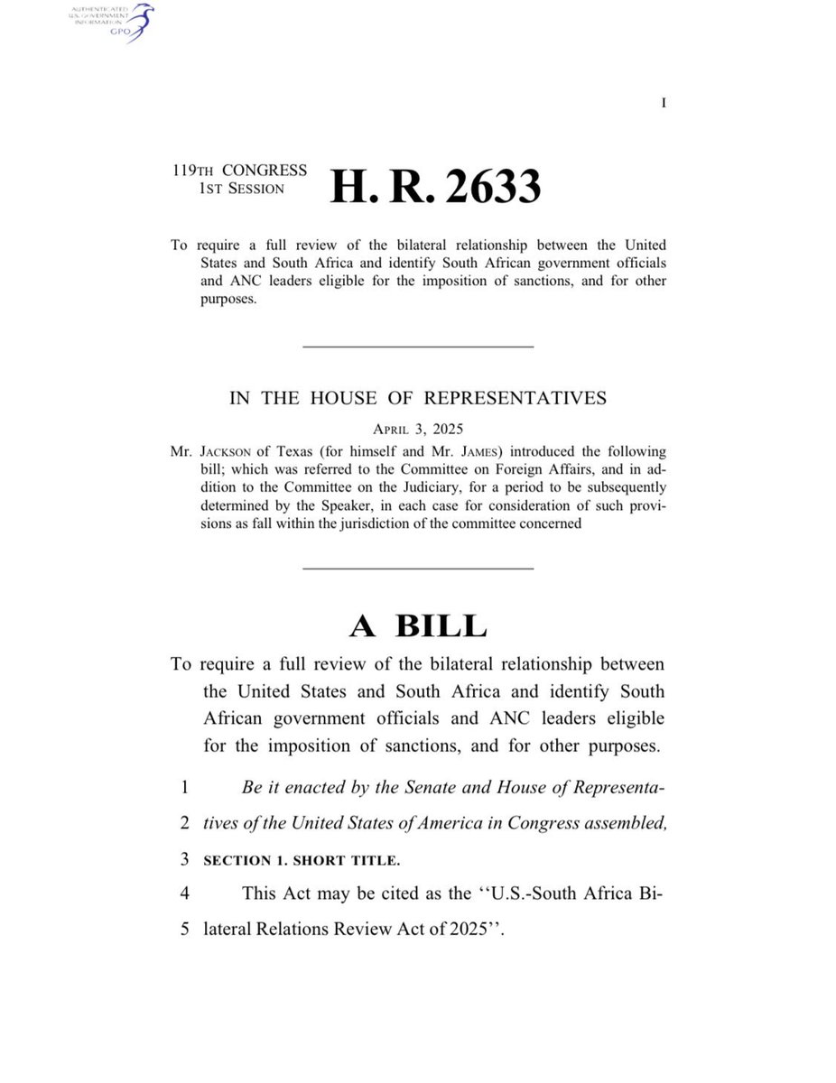 🧵 Eight reasons the U.S. may sanction South African officials and ANC leaders under H.R.2633. The bill highlights governance issues, foreign policy choices, and leadership actions conflicting with U.S. interests and values.
docs.house.gov/meetings/FA/FA…