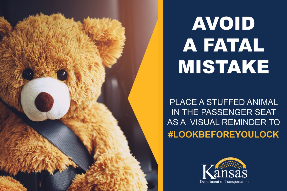 KDOTHQ's tweet image. As temperatures soar do whatever it takes to save a life. Even if that means place a stuffed animal as a reminder in your passenger seat to #lookbeforeyoulock
Never leave kids or pets alone in a vehice- not even for a few minutes.
#heatstrokekills