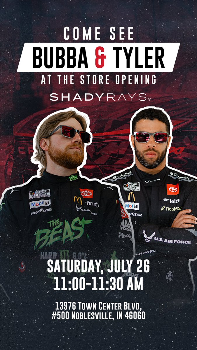 Come see <a href="/BubbaWallace/">Bubba Wallace</a> and <a href="/TylerReddick/">Tyler Reddick</a> at <a href="/shadyrays/">Shady Rays</a> in Indy 😎