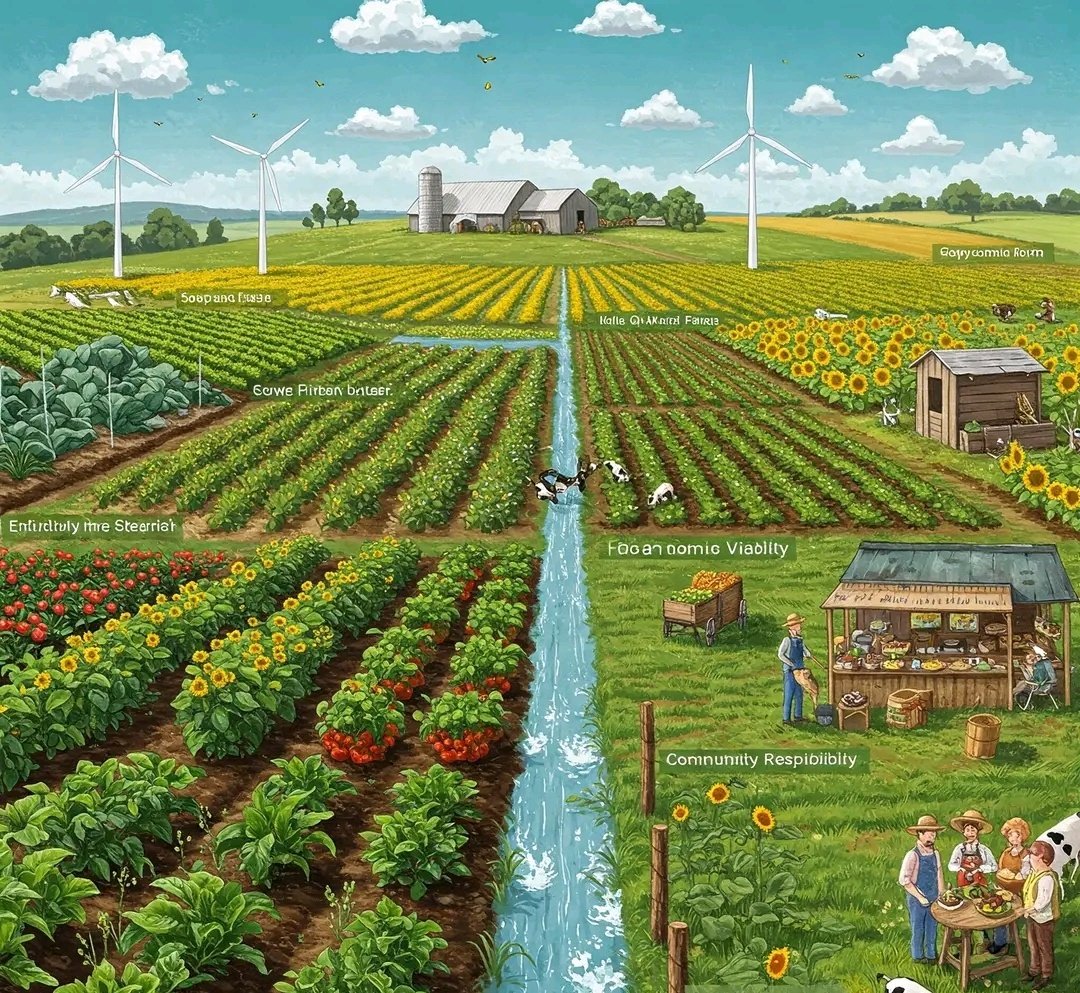 diharagirimana's tweet image. A sustainable farm operates as a living system, where every component is considered in relation to the others, aiming for long-term health and productivity rather than short-term gains.