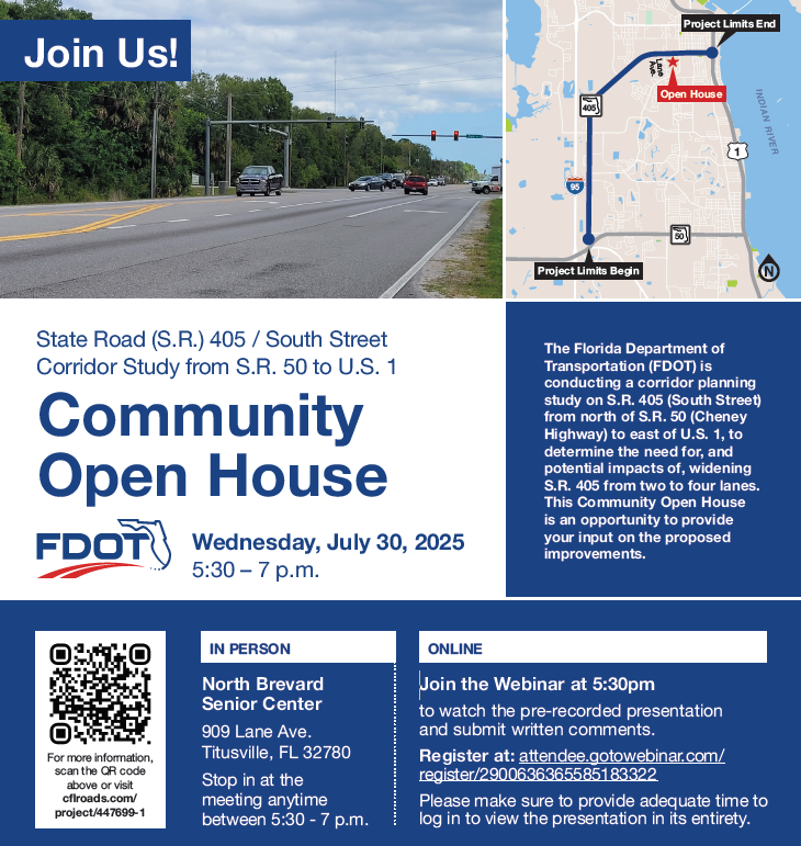 MyFDOT_CFL's tweet image. FDOT is hosting a community open house on this project Wednesday, July 30, from 5:30–7 p.m. at the North Brevard Senior Center in Titusville.
🔗 Learn more or join virtually: cflroads.com/project/447699…
@BrevardCo_FL @Titusville