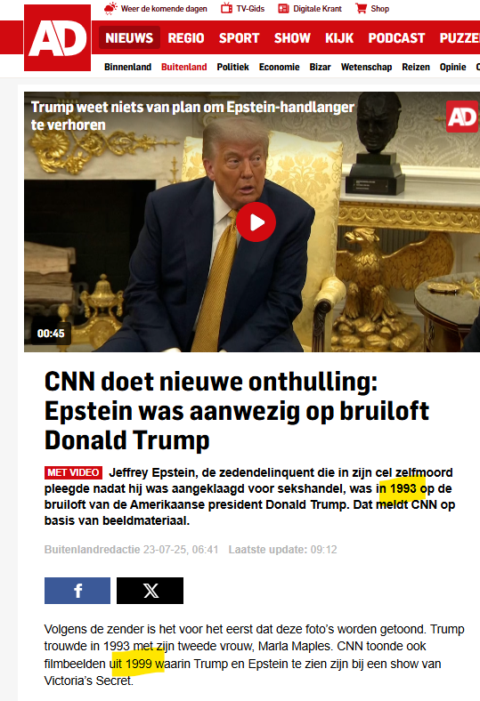 Mirjam152's tweet image. Triest, die eeuwige hoaxes rond Trump. Trump is 33 en 26 jaar geleden gezien met Jeffrey Epstein. 😱 Wat AD - en ongetwijfeld veel andere media - niet vermedlt is dat de eerste verdenkingen rond Epstein uit 2005 stammen. Toen startte de politie in Florida een onderzoek naar…