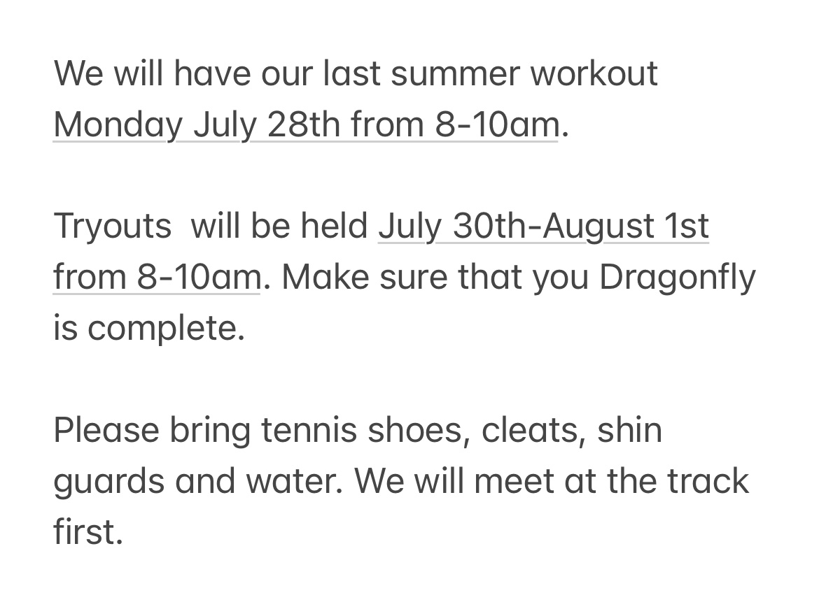 Important information regarding our last summer workout and tryouts…