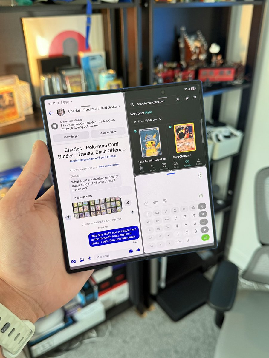 Here’s another awesome example of how I’ve been using the Z fold 7 with the inner display. 

One side has Facebook marketplace and the other has my #Pokémon card portfolio and then a calculator to add up all the pricing. 

Again, this is a nerdy niche “power user” use case. But