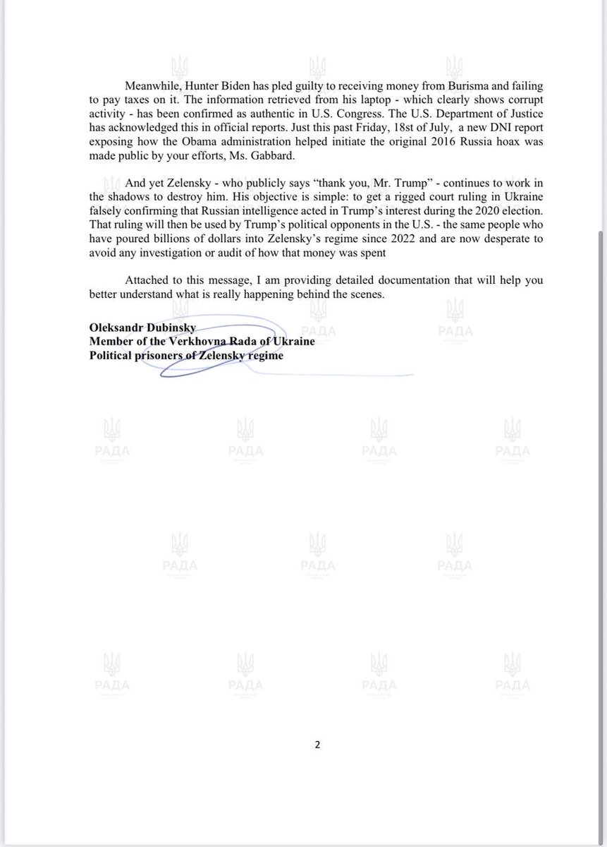 Dubinsky_pro's tweet image. 🇺🇸 I have officially addressed a letter to Tulsi Gabbard @DNIGabbard @ODNIgov , Director of National Intelligence, exposing a covert operation launched by Zelensky’s regime in 2022 - aimed at sabotaging Donald Trump and legitimizing the fake narrative of “Russian interference” in…