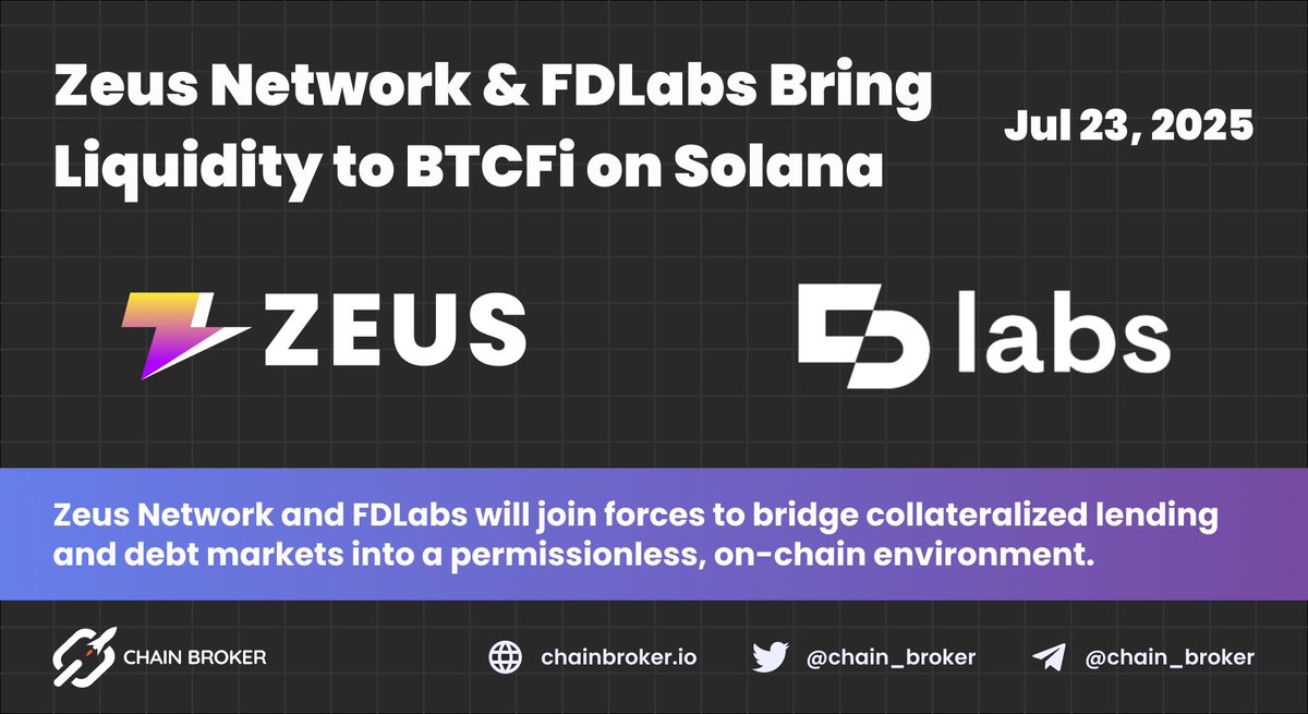 chain_broker's tweet image. ⚡️ Zeus Network & FDLabs Bring Institutional Liquidity to BTCFi on Solana
@ZeusNetworkHQ $ZEUS has partnered with $FDUSD issuer FDLabs @FDLabsHQ to introduce compliant stablecoin liquidity to Solana’s Bitcoin ecosystem. This integration enables BTC/stablecoin swaps, lending,…