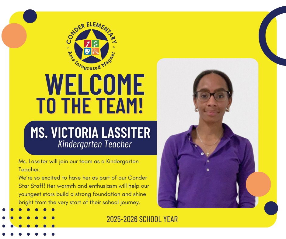 ConderStars's tweet image. We’re thrilled to introduce Ms. Lassister as part of our Conder Star Staff!

Drop a ⭐️ in the comments to help us give her a warm Conder welcome!

@richlandtwo