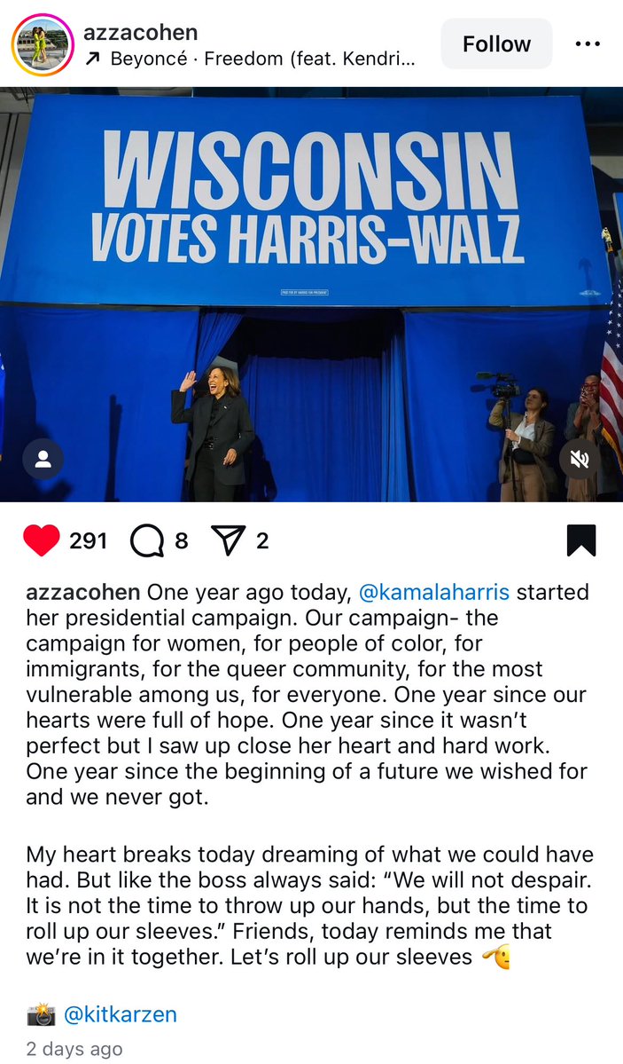 virtueemoir29's tweet image. A BEAUTIFULLY written post by @KamalaHarrisโ former official videographer, Azza Cohen, on the one year anniversary of the beginning of her presidential run two days ago.
โFriends, today reminds me that weโre in it together. Letโs roll up our sleeves.โ
Sheโs right.
๐ฅนโจ๐