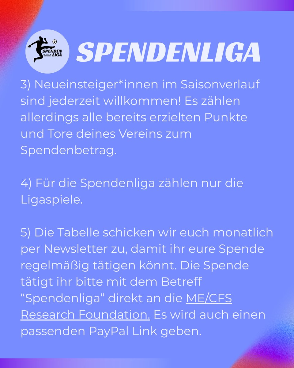 Wir gehen mit der Empty Stands Spendenliga an den Start. 
Das Prinzip: Es wird pro Tor &amp; Punkt a die <a href="/MECFSResearch/">ME/CFS Research Foundation</a> Foundation gespendet. 
Ihr meldet euch an &amp; wir erinnern euch &amp; erstellen eine Tabelle. 
Macht mal alle mit &amp; schickt es an eure Friends!
emptystands.me/aktivismus/spe…