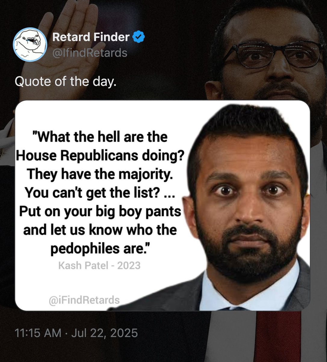 PATRICKHENRY97's tweet image. @FBIDirectorKash @Kash_Patel you are in charge now follow your own advice. Release the Epstein files.