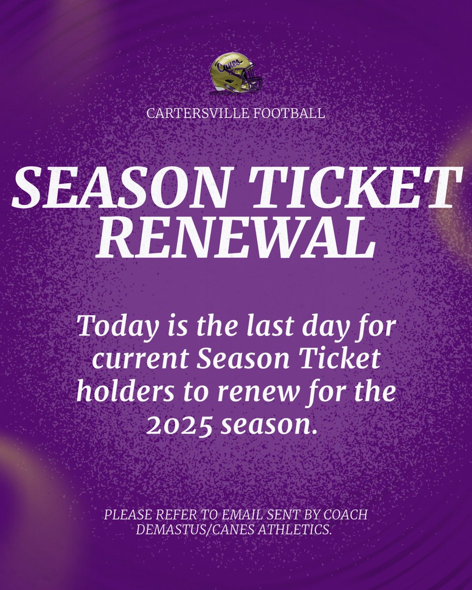 CHSHurricaneFB's tweet image. Today is the last day to renew your season tickets. Any questions can be directed to Coach D at ddemastus@cartersvilleschools.org