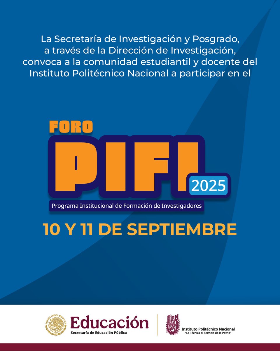 CIC IPN (@cic_ipn_oficial) on Twitter photo "Foro del Programa Institucional de Formación de Investigadores" #PIFI
Presentación de resultados de investigación vía oral y/o cartel de estudiantes y docentes del <a href="/IPN_MX/">IPN</a>
📅 Registro hasta el 18 de agosto
CONVOCAN: <a href="/IPN_SIP/">Secretaría de Investigación y Posgrado del IPN</a> y <a href="/IPN_DirInv/">Dirección de Investigación</a>
INFORMES➡️ ipn.mx/investigacion/… "Foro del Programa Institucional de Formación de Investigadores" #PIFI
Presentación de resultados de investigación vía oral y/o cartel de estudiantes y docentes del <a href="/IPN_MX/">IPN</a>
📅 Registro hasta el 18 de agosto
CONVOCAN: <a href="/IPN_SIP/">Secretaría de Investigación y Posgrado del IPN</a> y <a href="/IPN_DirInv/">Dirección de Investigación</a>
INFORMES➡️ ipn.mx/investigacion/…