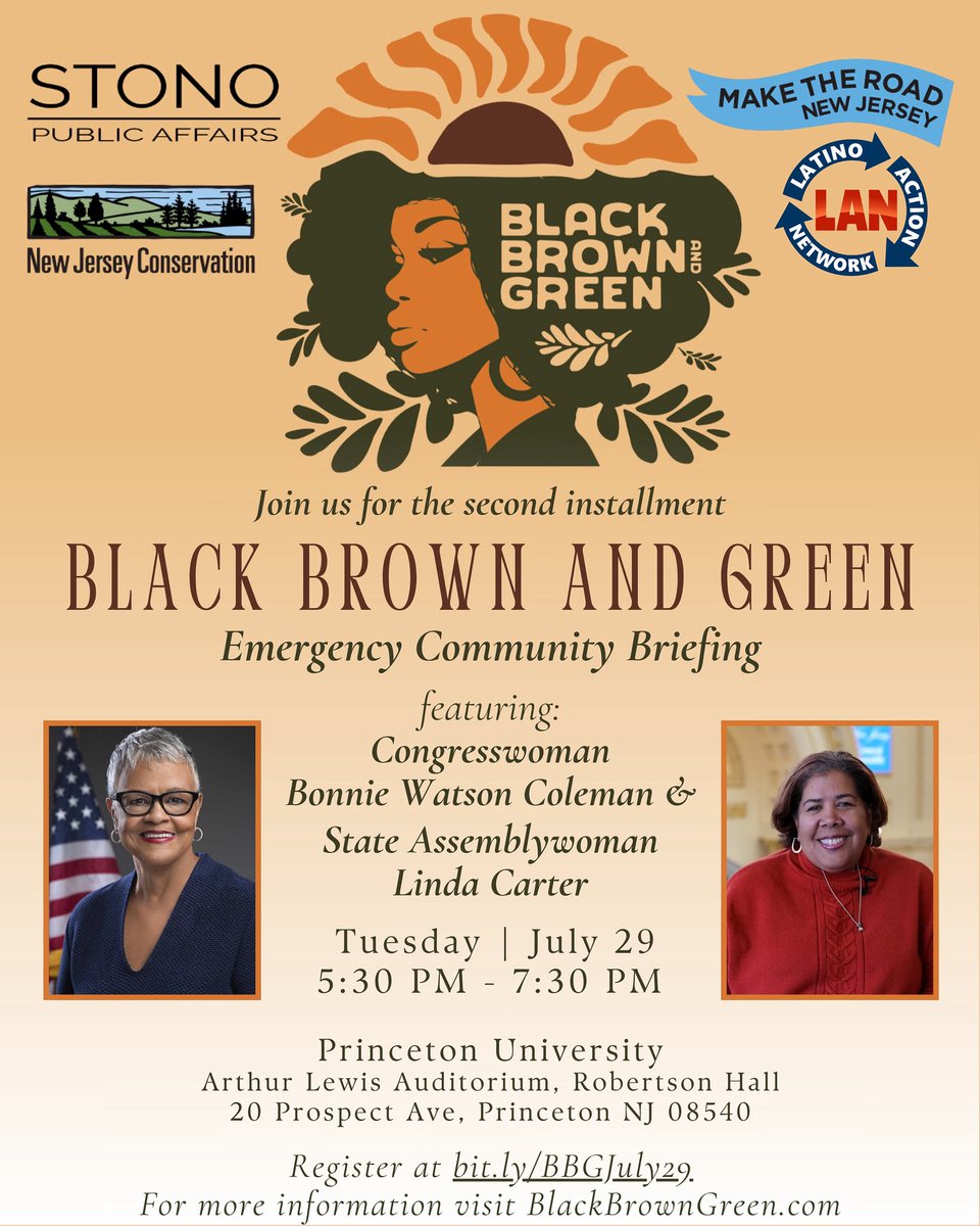 Stono Public Affairs (@stono_pa) on Twitter photo Join us for the second installment of Black, Brown and Green as we’re joined by <a href="/RepBonnie/">Rep. Bonnie Watson Coleman</a> and <a href="/ASWCarter/">ASW Linda S. Carter</a> for an emergency community briefing on the recent floods in the state and the need to improve climate resilience in underserved communities.
RSVP at bit.ly/BBGJuly29 Join us for the second installment of Black, Brown and Green as we’re joined by <a href="/RepBonnie/">Rep. Bonnie Watson Coleman</a> and <a href="/ASWCarter/">ASW Linda S. Carter</a> for an emergency community briefing on the recent floods in the state and the need to improve climate resilience in underserved communities.
RSVP at bit.ly/BBGJuly29