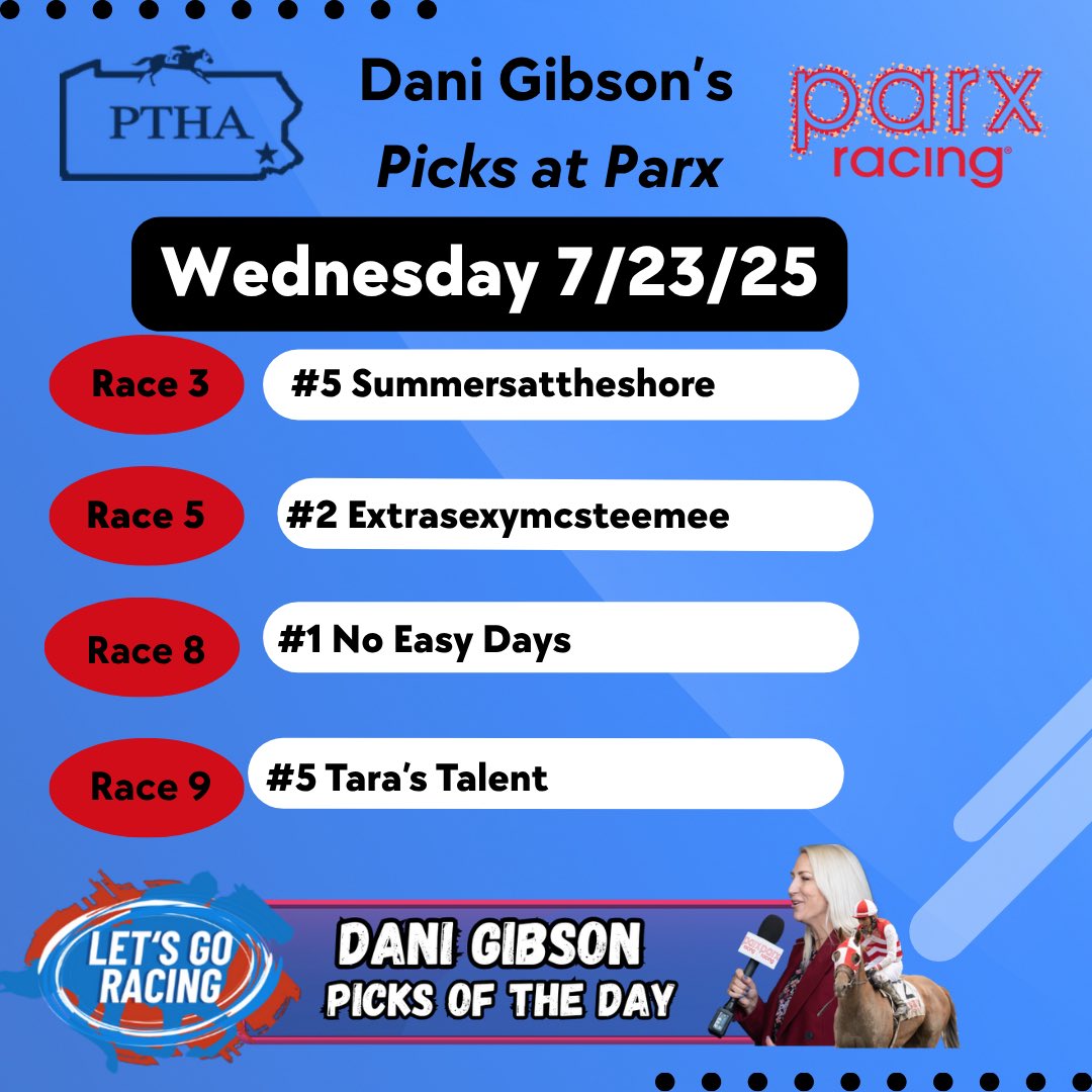 Join us for another great day for live racing at Parx Rag with 10 races starting with 1st post at 12:40 pm - here are  Dani Gibson’s top bets on 7/23