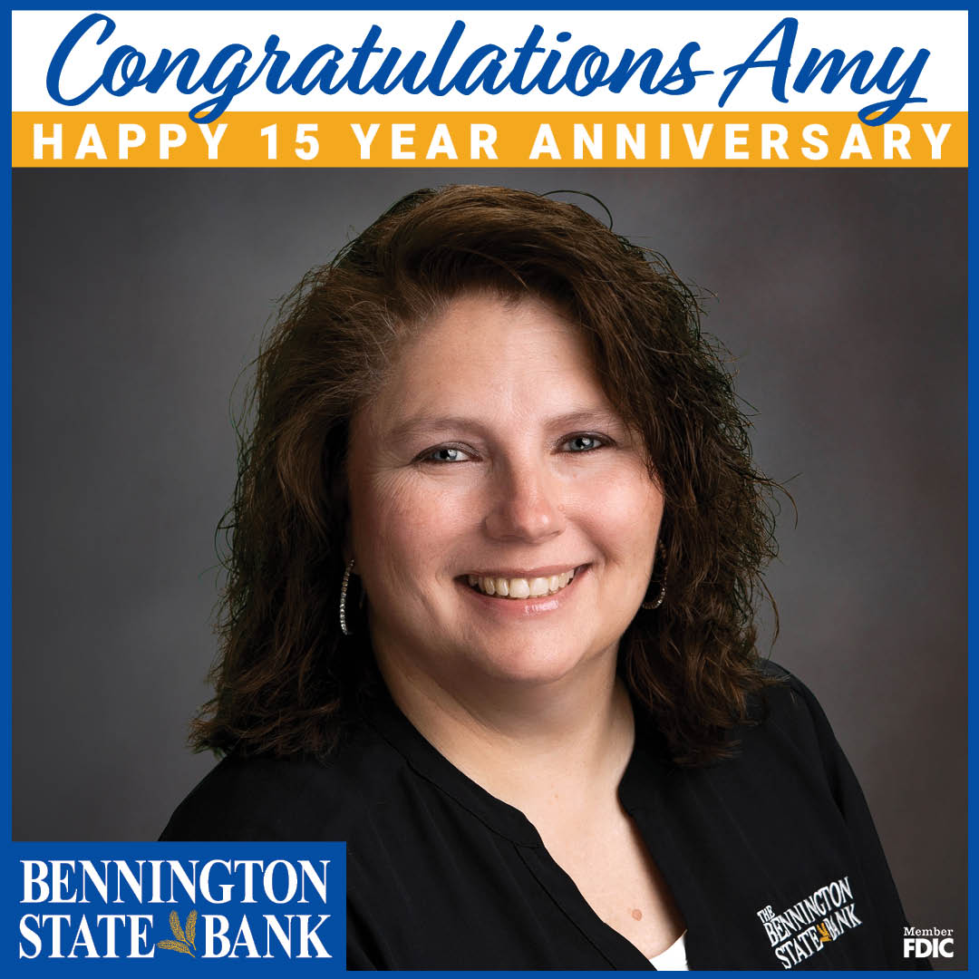 Congratulations Amy on 15 years at Bennington State Bank! Your dedication, hard work, and commitment to your community are truly inspiring. Keep up the great work! 🎉