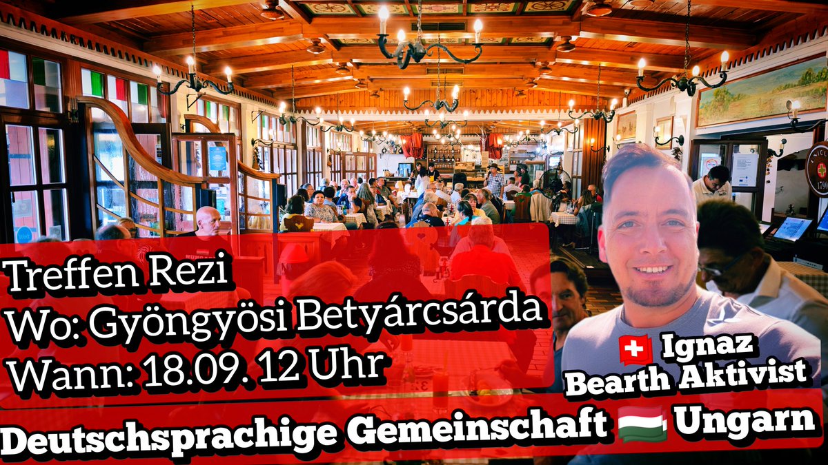 IgnazBearth's tweet image. Deutschsprachige Gemeinschaft 🇭🇺 Ungarn - Treffen Rezi
Donnerstag, 18. September 12 Uhr
Gyöngyösi Betyárcsárda
Rezi, külterület 5., 8373
maps.app.goo.gl/xfGPFfK1qhXPU2…
Keine Anmeldung nötig, dafür keine 100% Platzgarantie.
Auswandern Ungarn Chat:
…