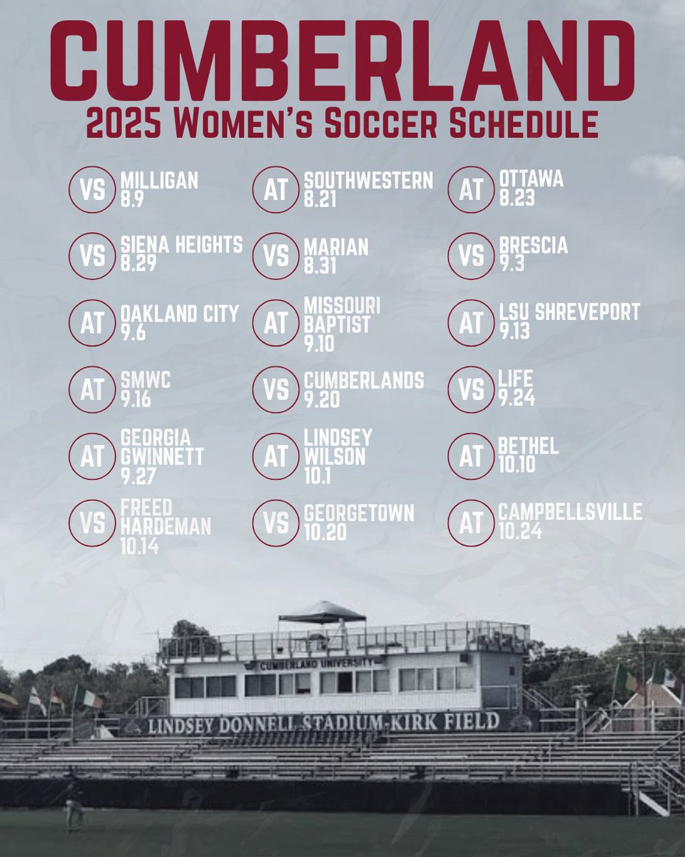GoCUPhoenix's tweet image. Head Coach Scott Davidson and the Cumberland Women's soccer team have announced their schedule for the upcoming 2025 Fall campaign!
Release: tinyurl.com/22x2ddjm