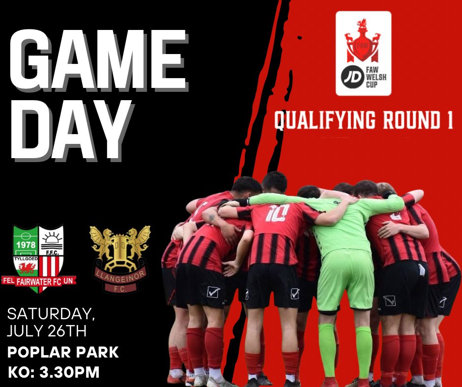 𝗙𝗶𝘅𝘁𝘂𝗿𝗲🔜 

1st qualifying round of the FAW Welsh Cup this weekend.

🆚 Fairwater FC
🏟️ Poplar Park
📍 CF5 3PS
📆 26.07.2025
⏰ 3.30PM
🏆 FAW Welsh Cup

Come along to support the lads.

#UppaLlan🔴⚫️