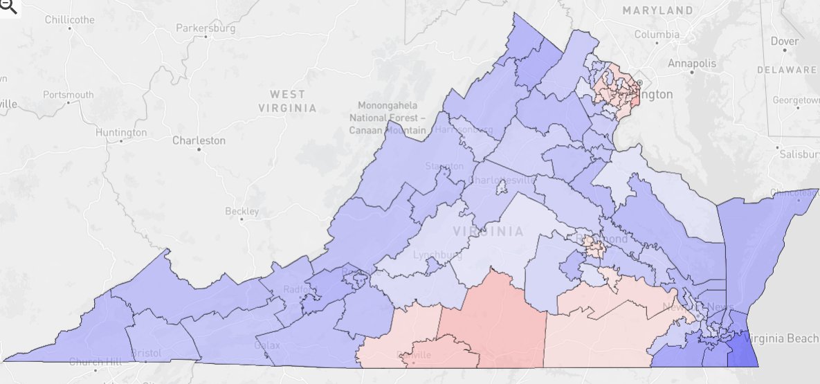 ChazNuttycombe's tweet image. Something I totally memory-holed was Northam doing worse than Clinton in Fairfax and the Beltway in 2017. This is the swing map by House of Delegates district from the 2016 presidential to the 2017 gubernatorial.