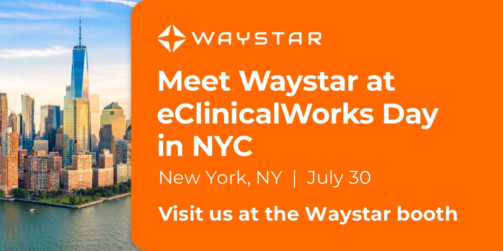 Waystar's tweet image. Attending eClinicalWorks Day in NYC next week? Visit our booth to learn how to streamline workflows and reduce administrative burden with Waystar’s AI-powered software platform. Stop by or schedule a time in advance: ow.ly/nB9x50Wu4rG #eCWDays