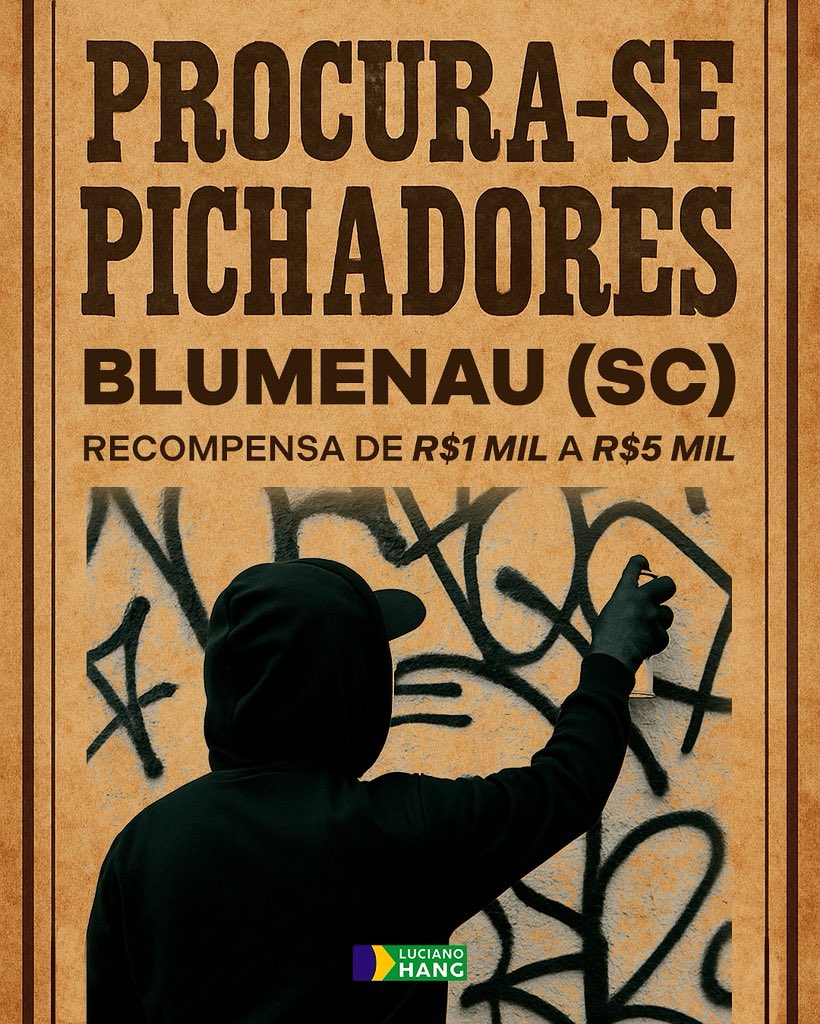 LucianoHangBr's tweet image. PROCURA-SE: PICHADORES 🚨
Blumenau também quer endurecer as leis no combate à pichação! A Prefeitura apresentou um projeto de lei que está em tramitação na Câmara de Vereadores e prevê recompensa em dinheiro para quem denunciar pichadores.
A proposta estabelece que o cidadão…