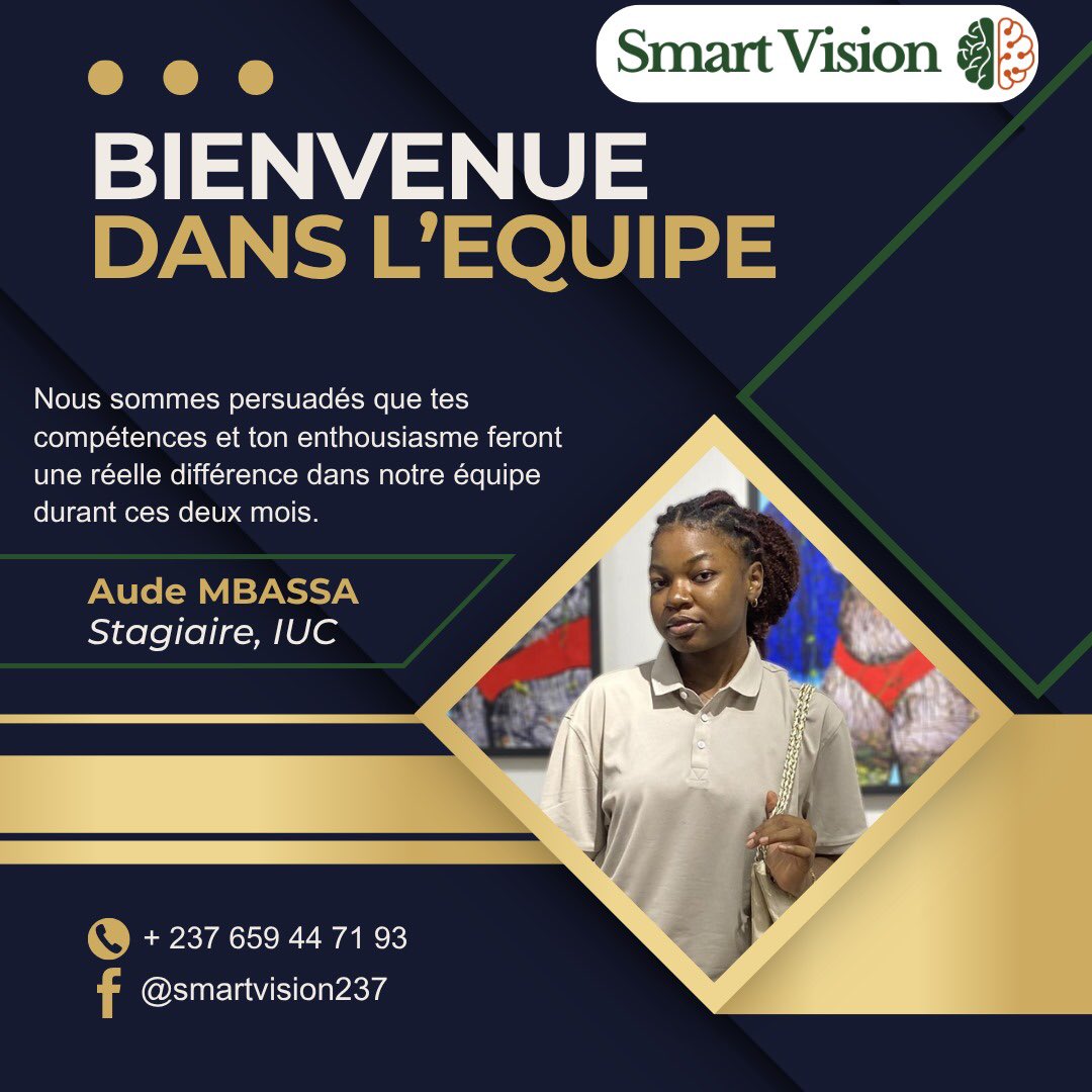 SmartVision_Edu's tweet image. 𝐁𝐢𝐞𝐧𝐯𝐞𝐧𝐮𝐞 Aude Mbassa 𝐝𝐚𝐧𝐬 𝐥’𝐞́𝐪𝐮𝐢𝐩𝐞 #𝐒𝐦𝐚𝐫𝐭𝐕𝐢𝐬𝐢𝐨𝐧 ! 🌟

Nous sommes ravis d&apos;accueillir Aude, qui passe en 3ᵉ année de Bachelor en Computer Science à l&apos;IUC Douala. 

Aude aspire à devenir développeuse full-stack.