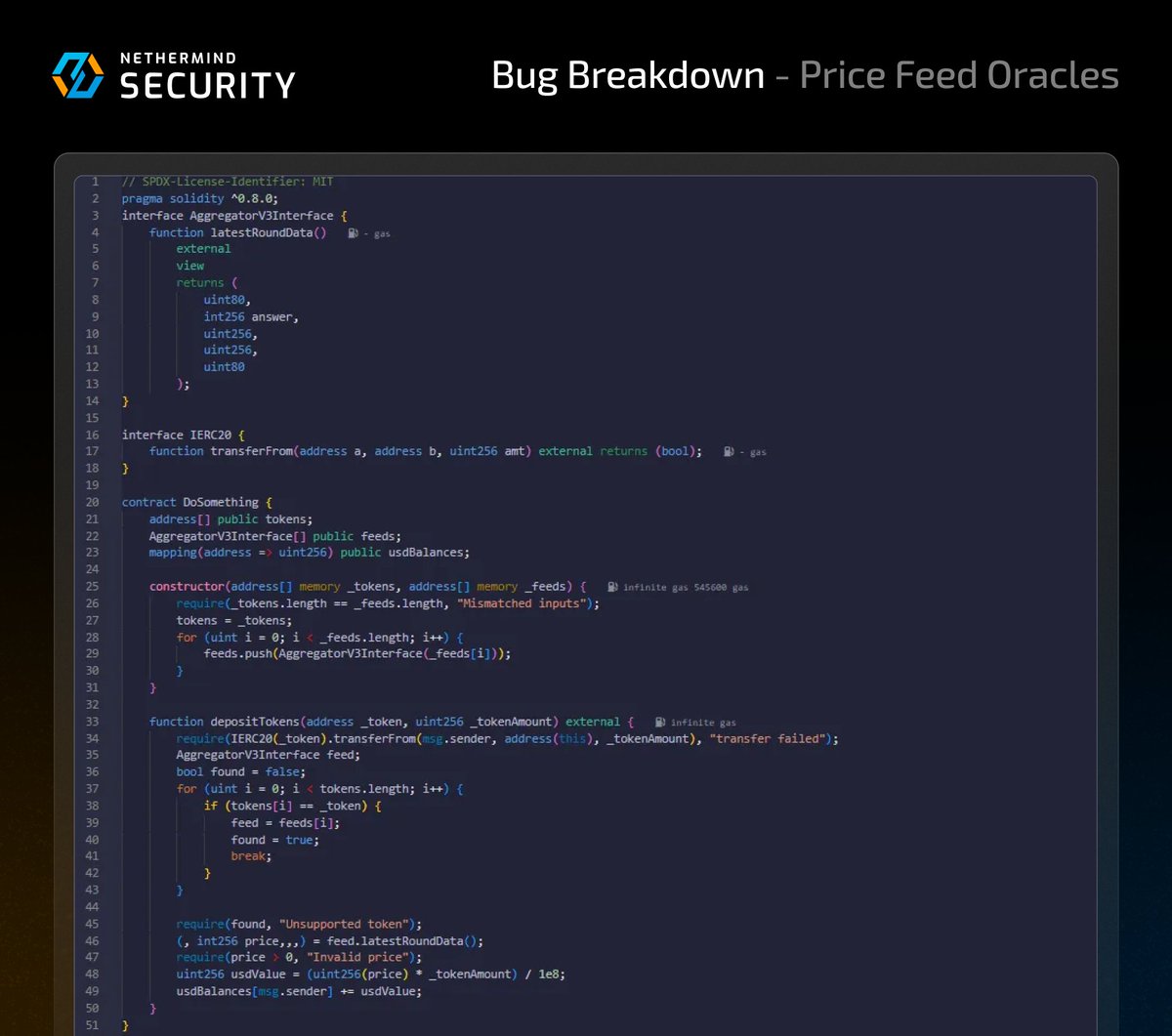 NethermindSec's tweet image. Can you spot why this might miscompute your USD balance? 🤔
👉 Insight: The return value of Chainlink’s price feeds doesn’t always have 8 decimals. Some price feeds report the price with 18 decimals. Always check the actual value returned by priceFeed.decimals() to normalize…
